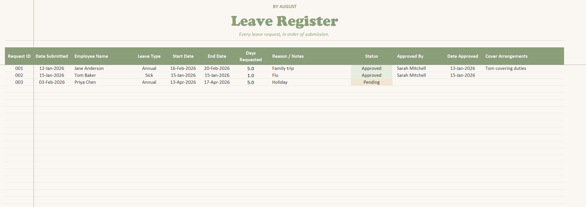 Leave Request & Tracking System: Excel Template for Small Business