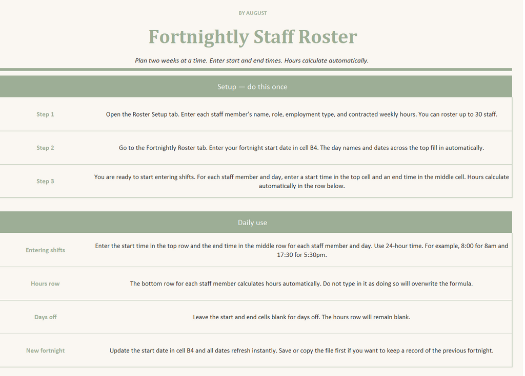 Fortnightly Staff Roster: Excel Template for Small Business