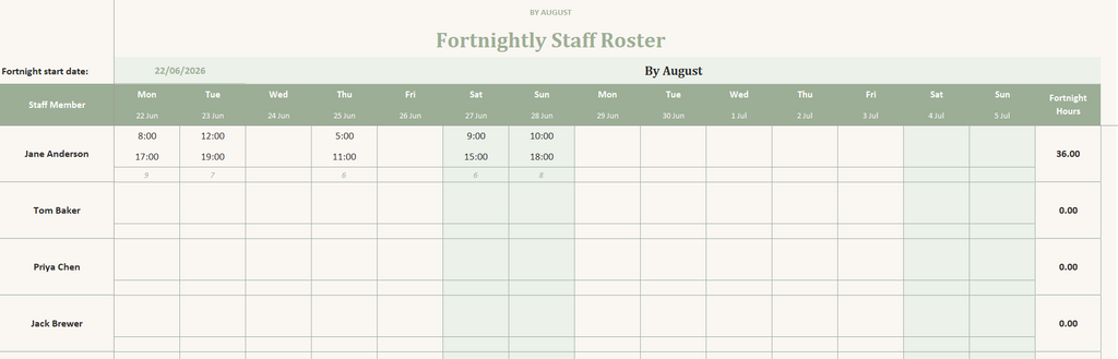 Fortnightly Staff Roster: Excel Template for Small Business
