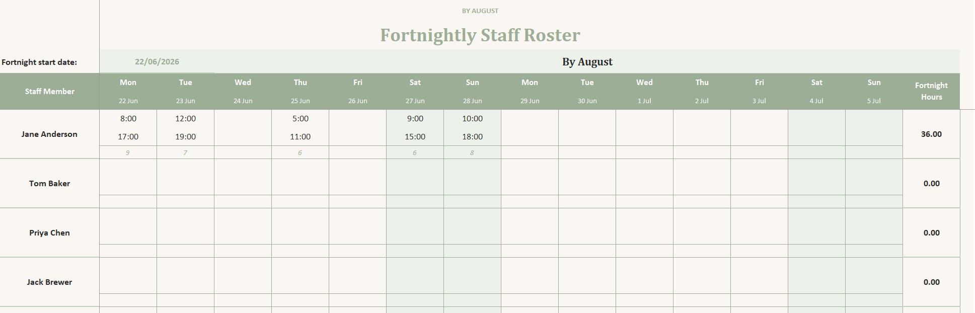 Fortnightly Staff Roster: Excel Template for Small Business