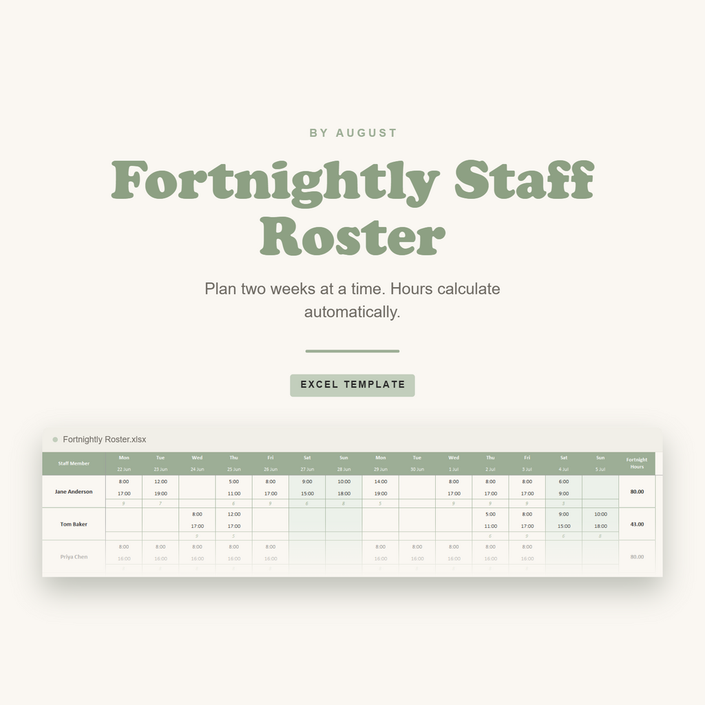 Fortnightly Staff Roster: Excel Template for Small Business