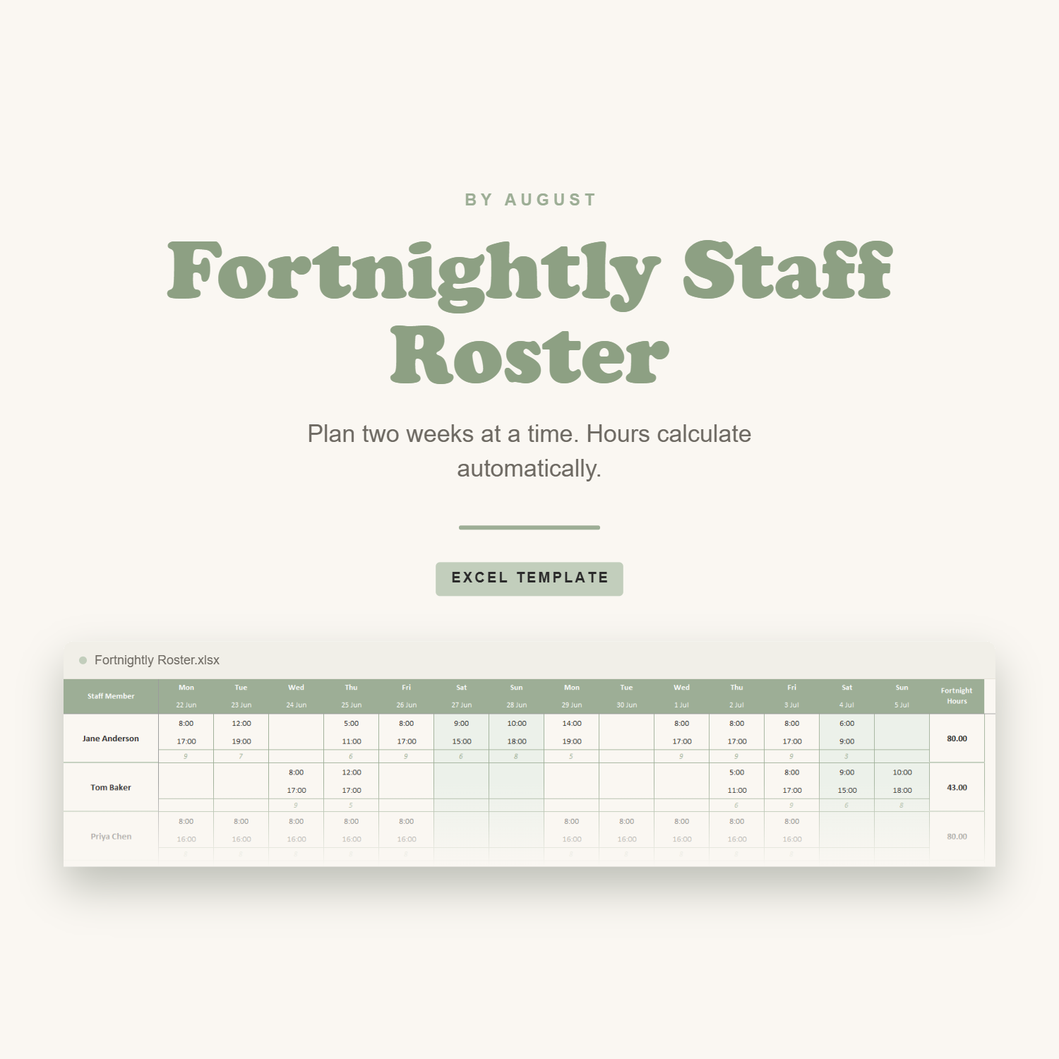 Fortnightly Staff Roster: Excel Template for Small Business